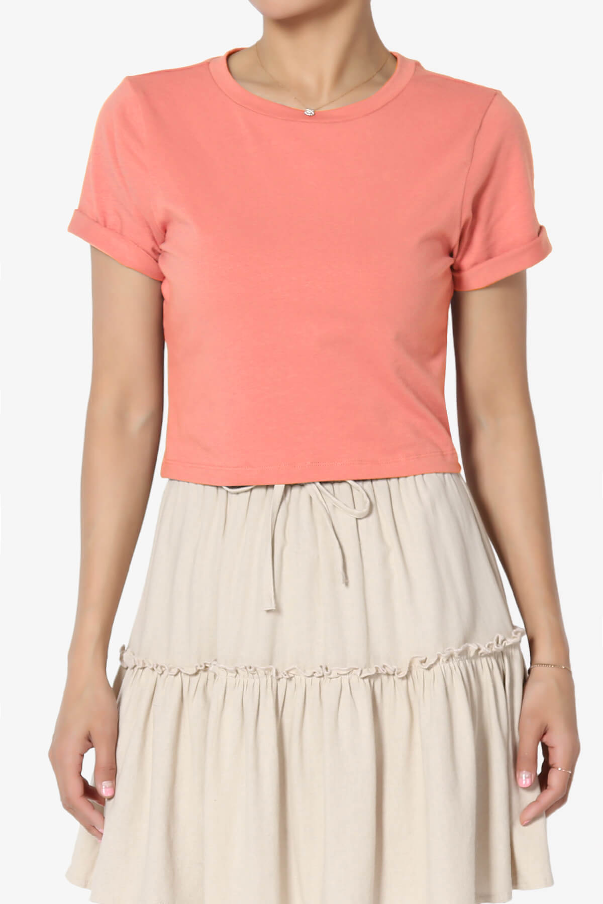 Moore Crew Neck Cotton Crop Tee CORAL_1