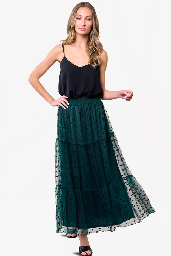 Raige Mesh Dot Tiered A-Line Maxi Skirt FOREST GREEN_6