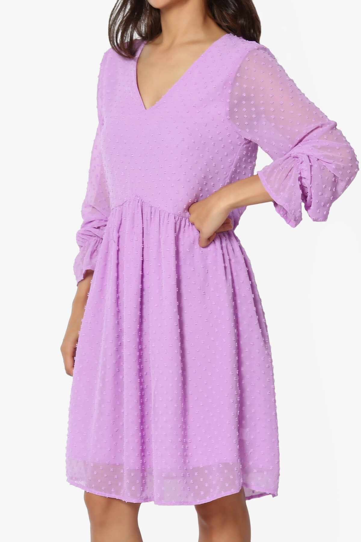 Sandra Swiss Dot Long Sleeve V-Neck Dress BRIGHT LAVENDER_3