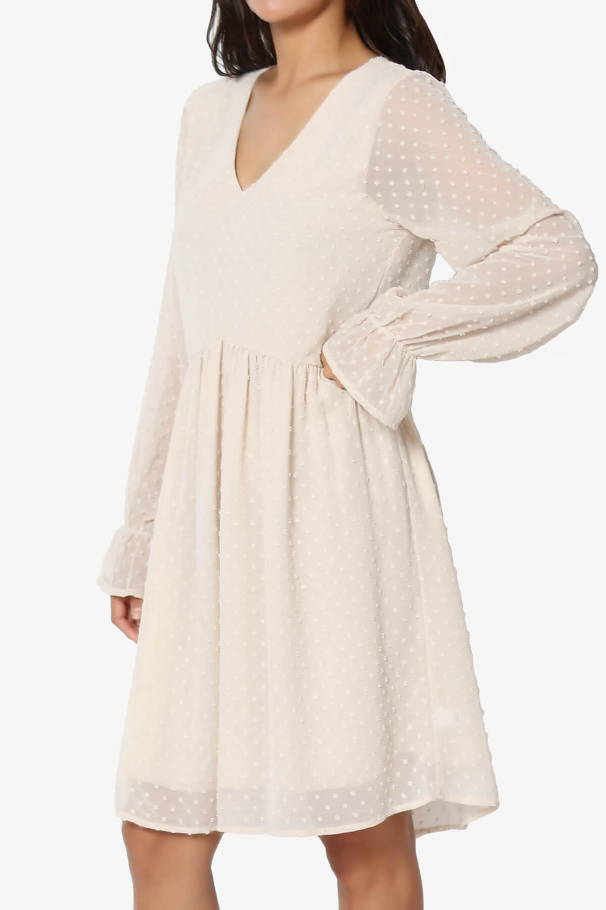 Sandra Swiss Dot Long Sleeve V-Neck Dress SAND BEIGE_3