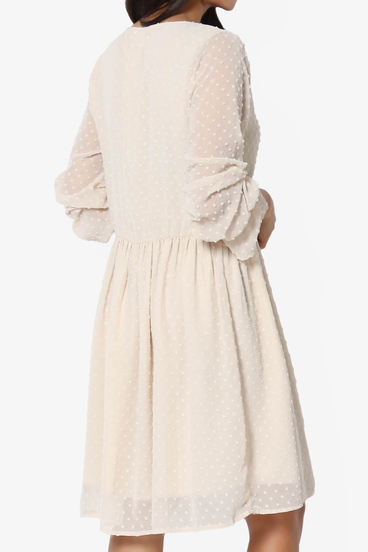 Sandra Swiss Dot Long Sleeve V-Neck Dress SAND BEIGE_4