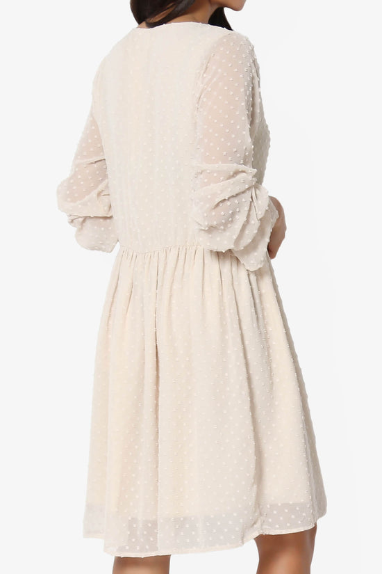 Sandra Swiss Dot Long Sleeve V-Neck Dress SAND BEIGE_4