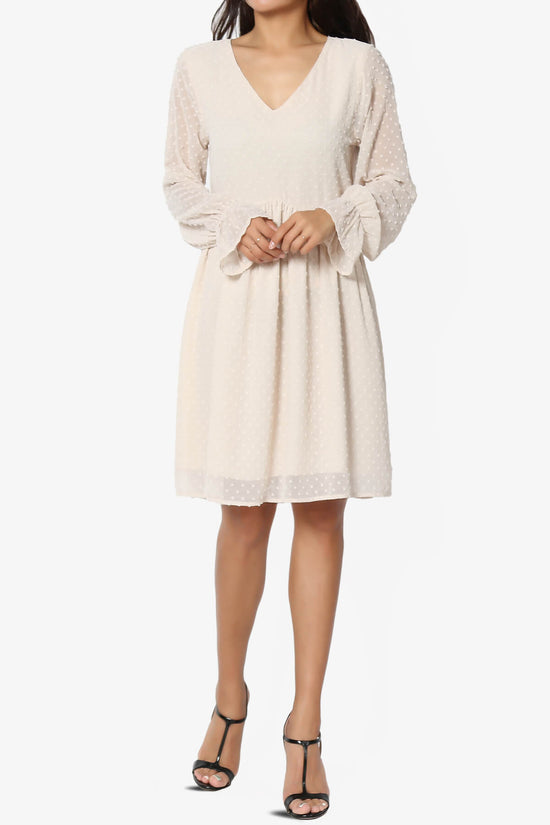 Sandra Swiss Dot Long Sleeve V-Neck Dress SAND BEIGE_6