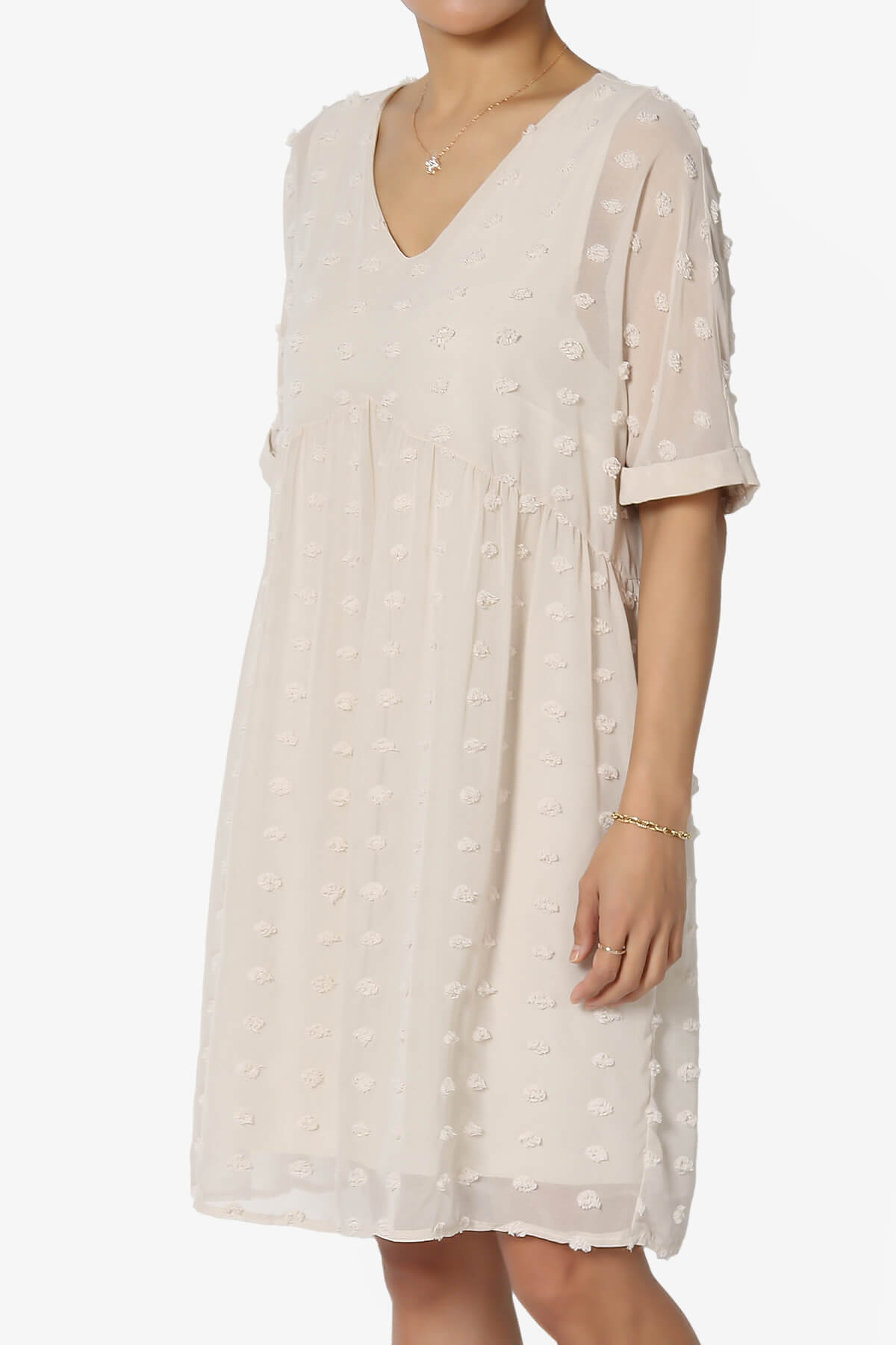 Sandra Swiss Dot Short Sleeve Babydoll Dress SAND BEIGE_3