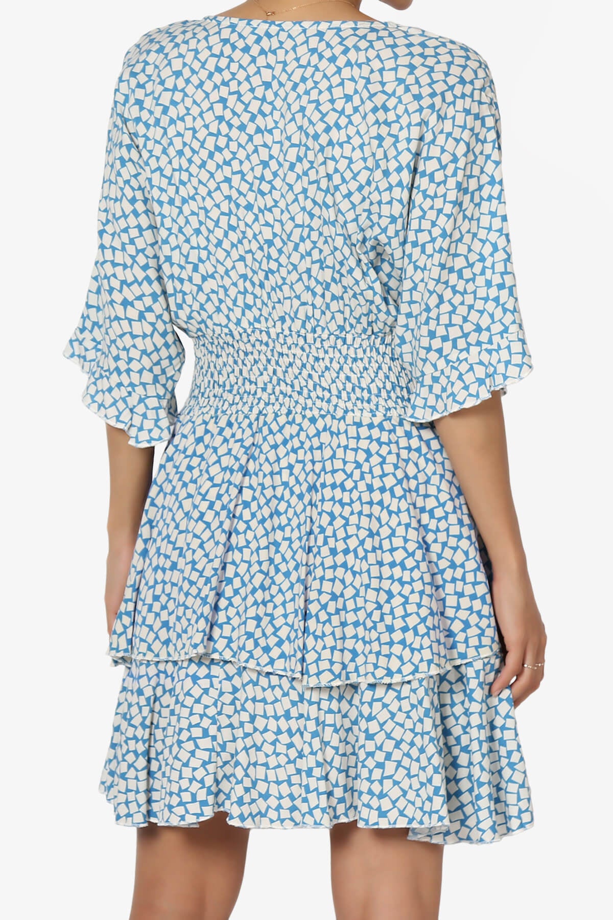 Square Print Surplice Mini Dress BLUE_2