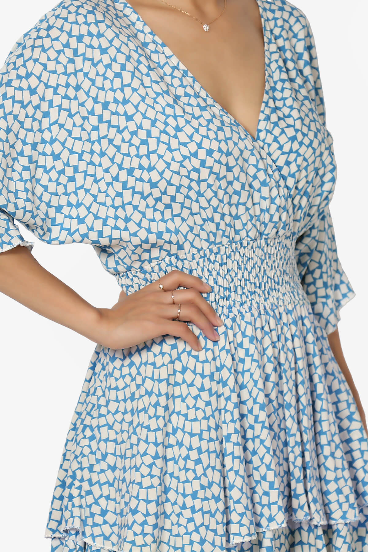 Square Print Surplice Mini Dress BLUE_5