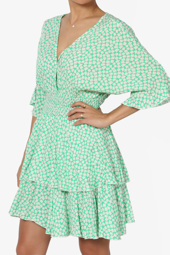 Square Print Surplice Mini Dress GREEN_3