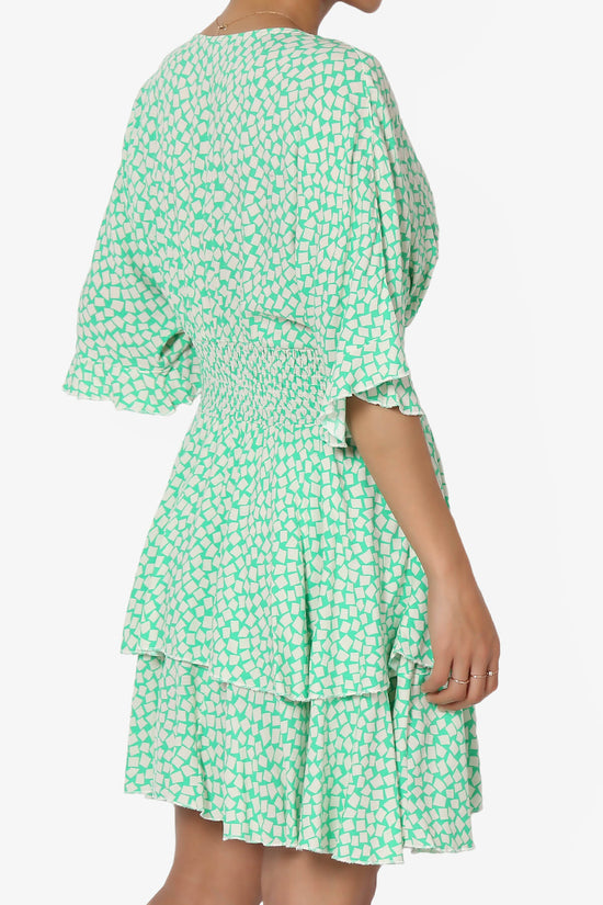 Square Print Surplice Mini Dress GREEN_4