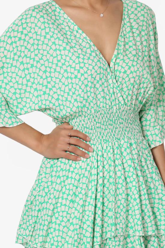 Square Print Surplice Mini Dress GREEN_5