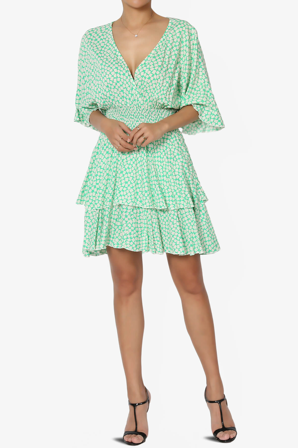 Square Print Surplice Mini Dress GREEN_6