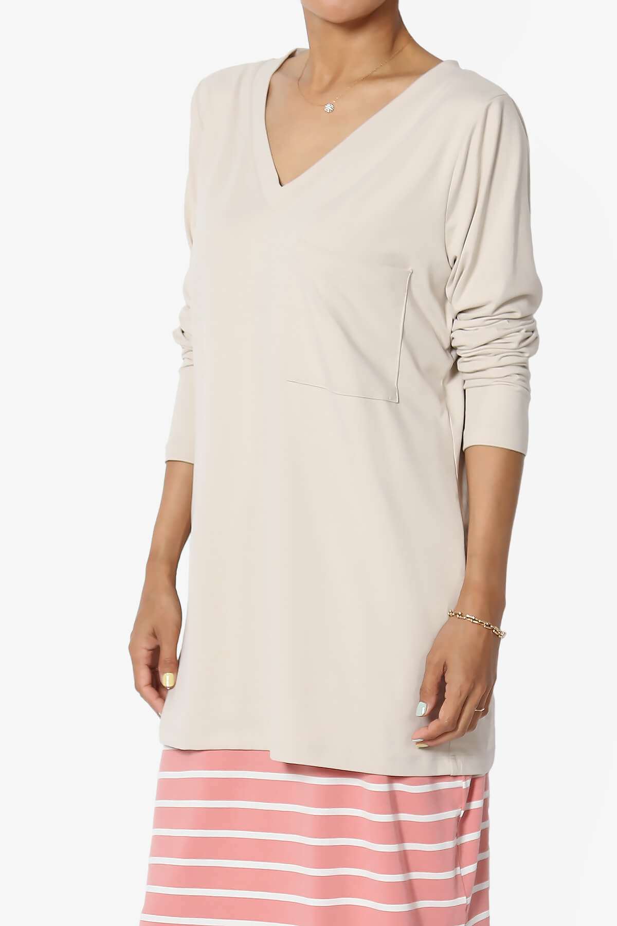 Susan Ultra Soft Chest Pocket Loose Fit T-Shirt SAND BEIGE_3