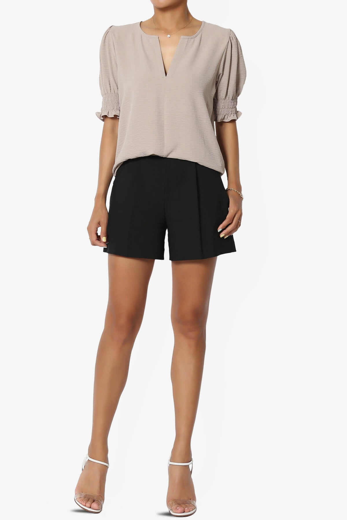 Tori Cool Woven Puff Short Sleeve Top LIGHT MOCHA_6