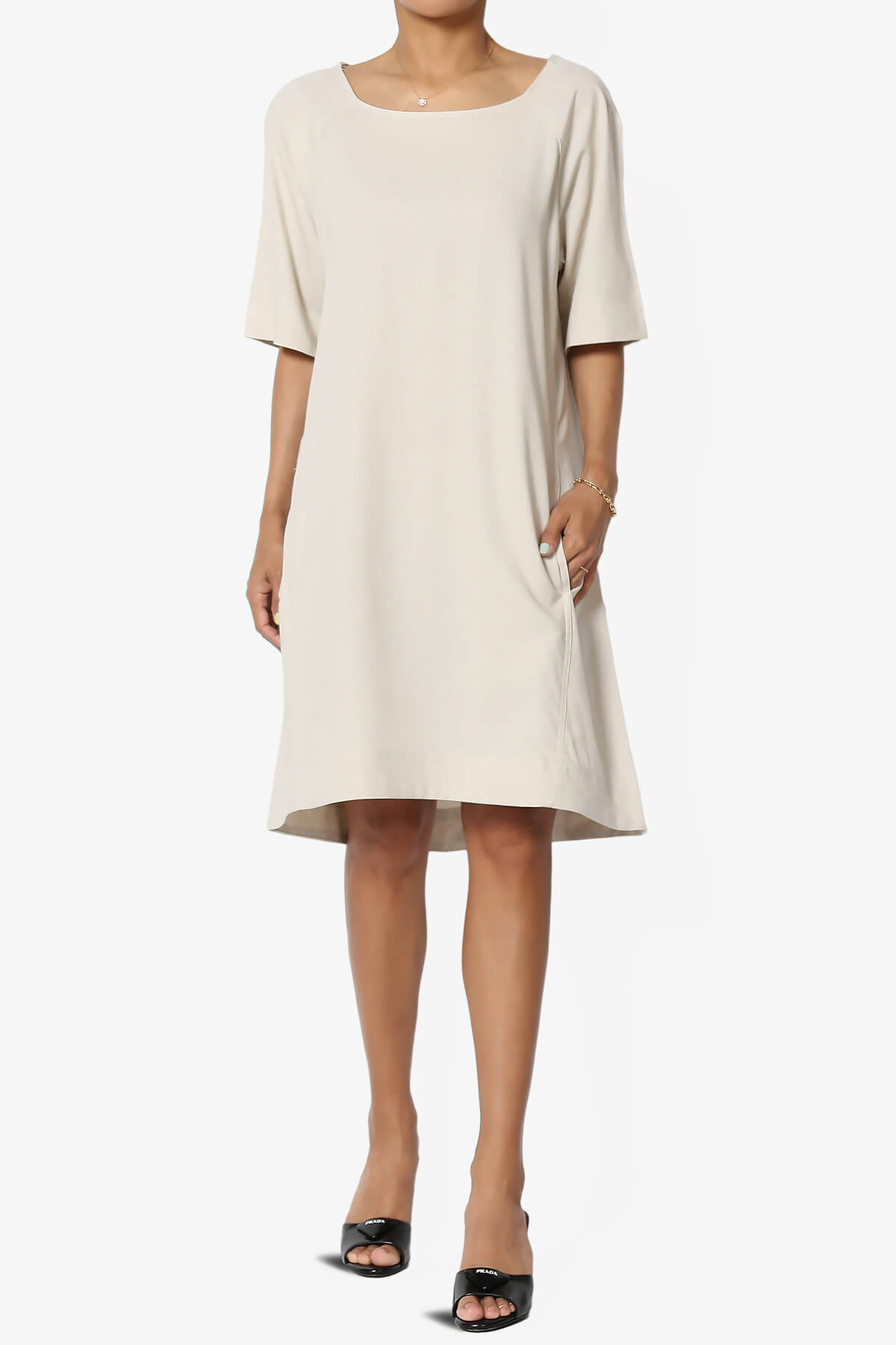 Winny Linen Short Sleeve Shift Dress SAND BEIGE_6