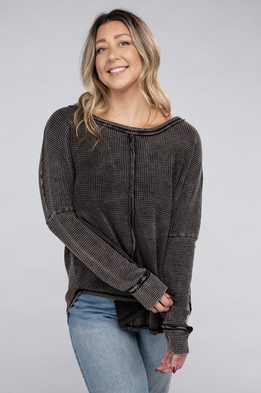 ZENANA Plus Washed Baby Waffle Oversized Long Sleeve Top