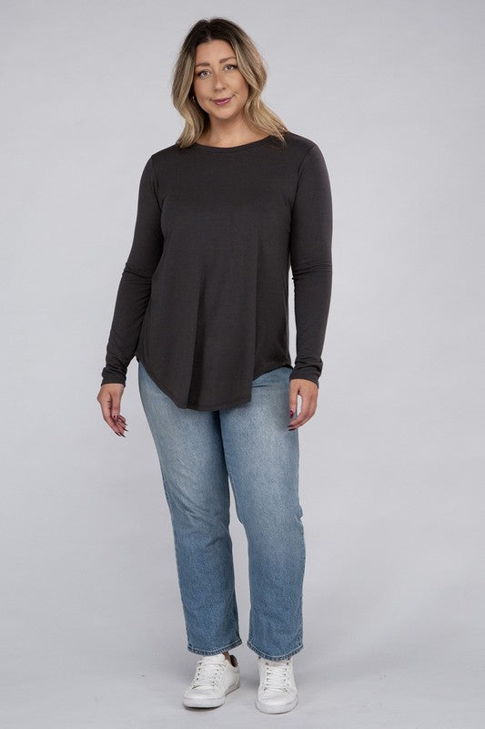 ZENANA Plus Long Sleeve Round Neck Round Hem Top