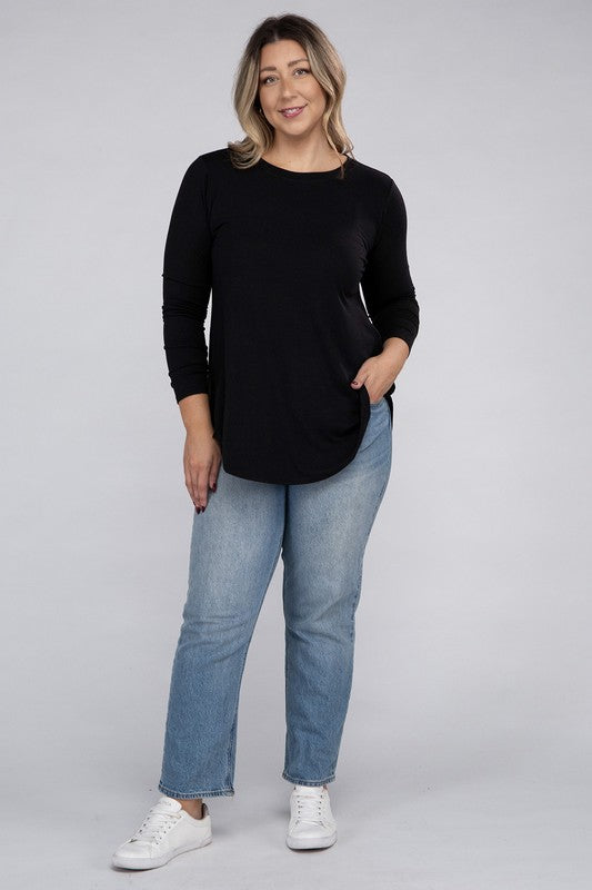 ZENANA Plus Long Sleeve Round Neck Round Hem Top