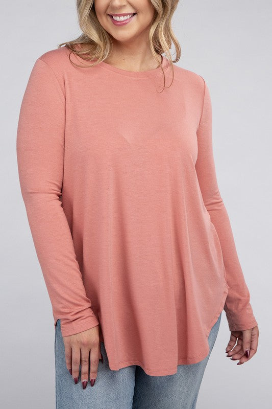 ZENANA Plus Long Sleeve Round Neck Round Hem Top