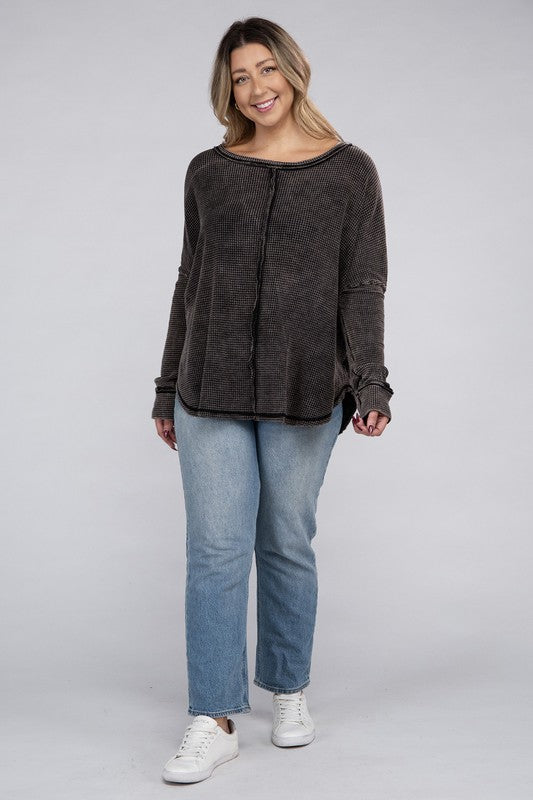 ZENANA Plus Washed Baby Waffle Oversized Long Sleeve Top