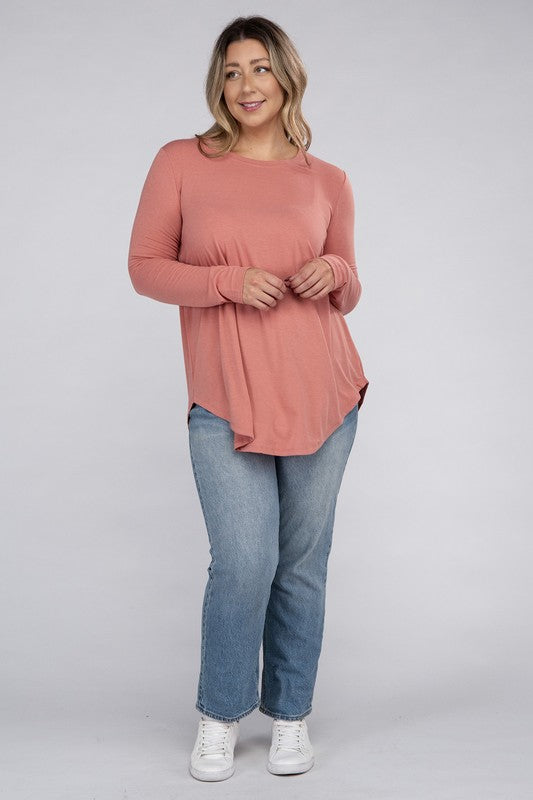 ZENANA Plus Long Sleeve Round Neck Round Hem Top