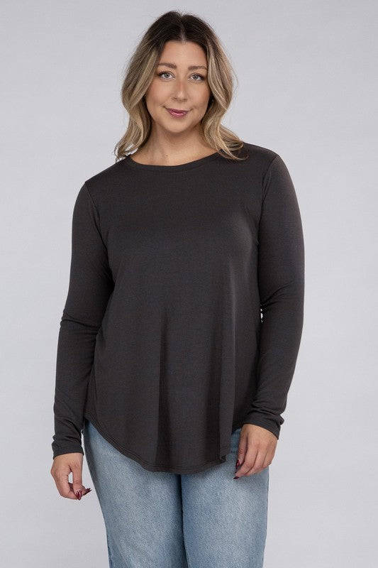 ZENANA Plus Long Sleeve Round Neck Round Hem Top