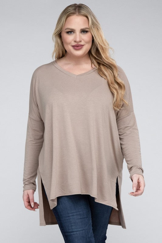 ZENANA Plus Dolman Sleeve V-Neck Side Slit Hi-Low Hem Top