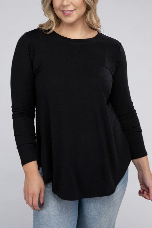 ZENANA Plus Long Sleeve Round Neck Round Hem Top