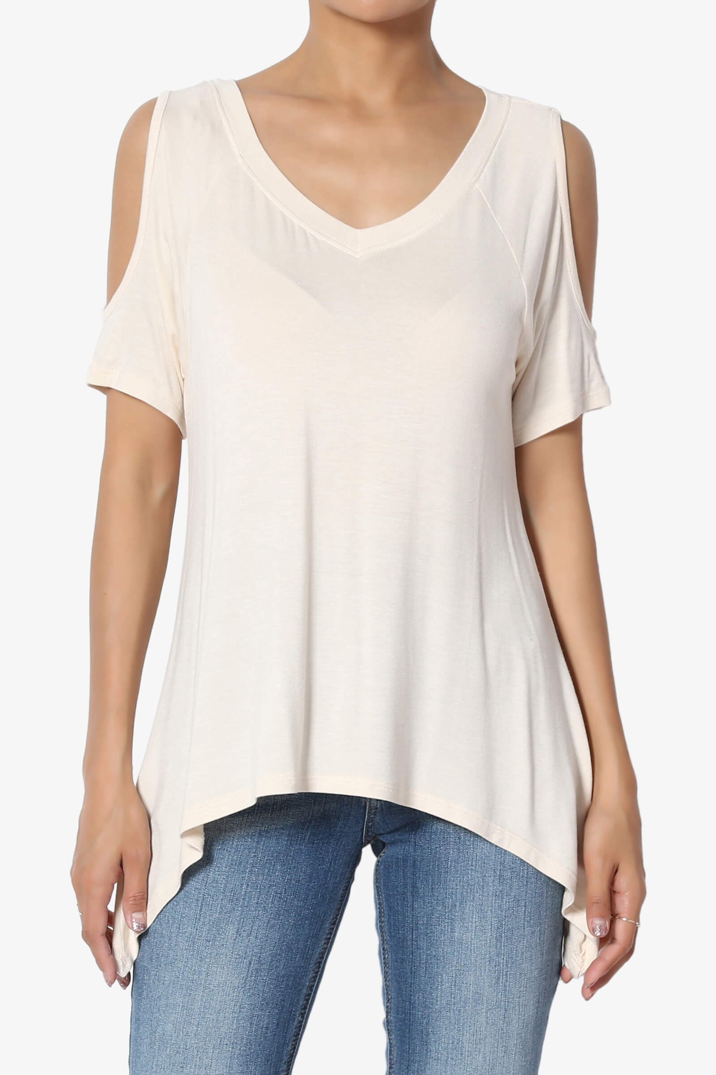 Lani Cold Shoulder V-Neck Jersey Top TAUPE_1