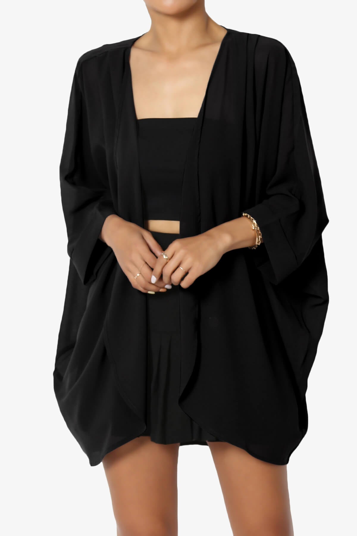 Blivia Pleated Kimono Chiffon Cardigan BLACK_1