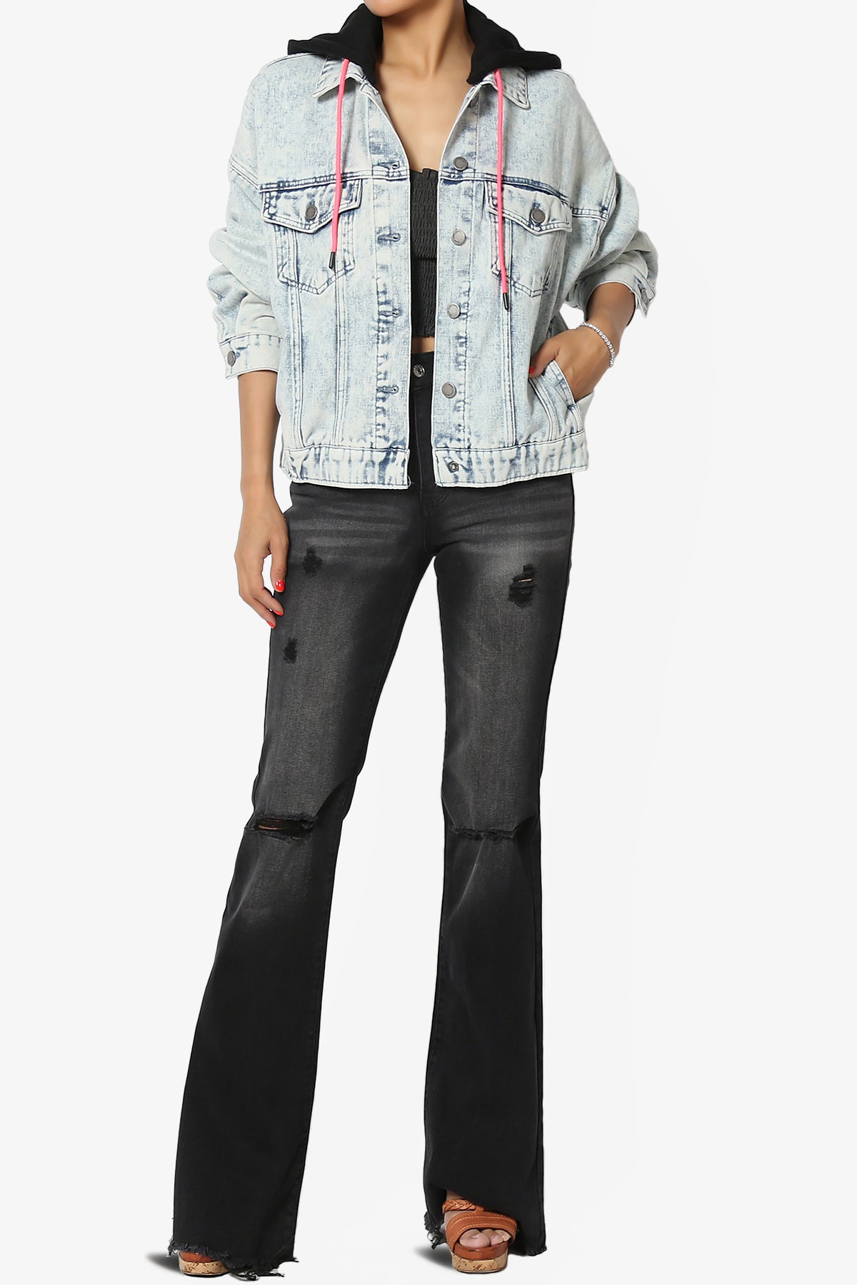 Snazzy High Rise Knee Destroy Flare Jeans BLACK