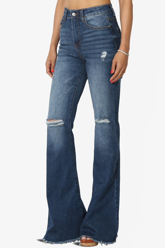 Snazzy High Rise Knee Destroy Flare Jeans DARK