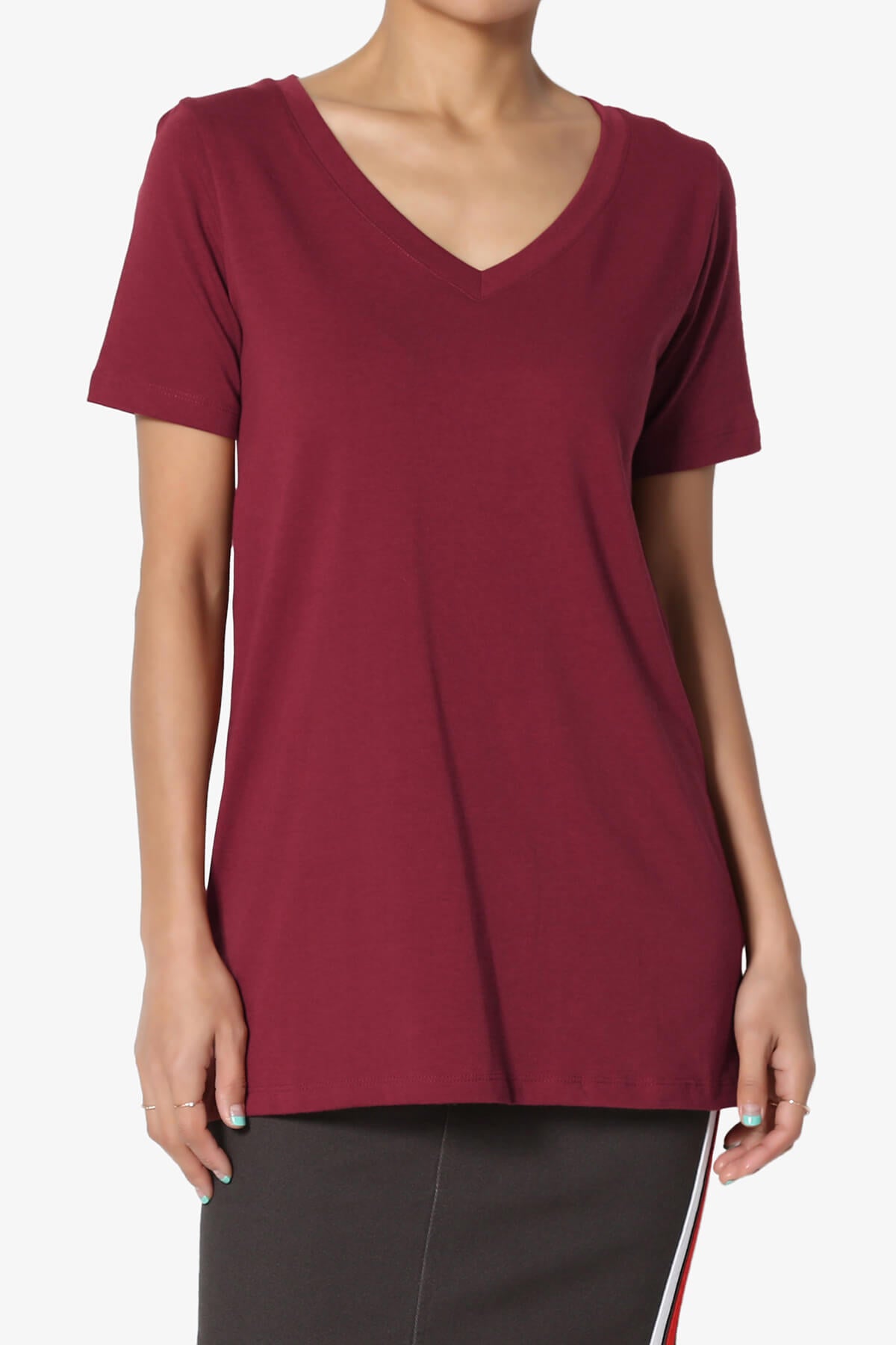 Elora V-Neck Short Sleeve T-Shirt BURGUNDY_1