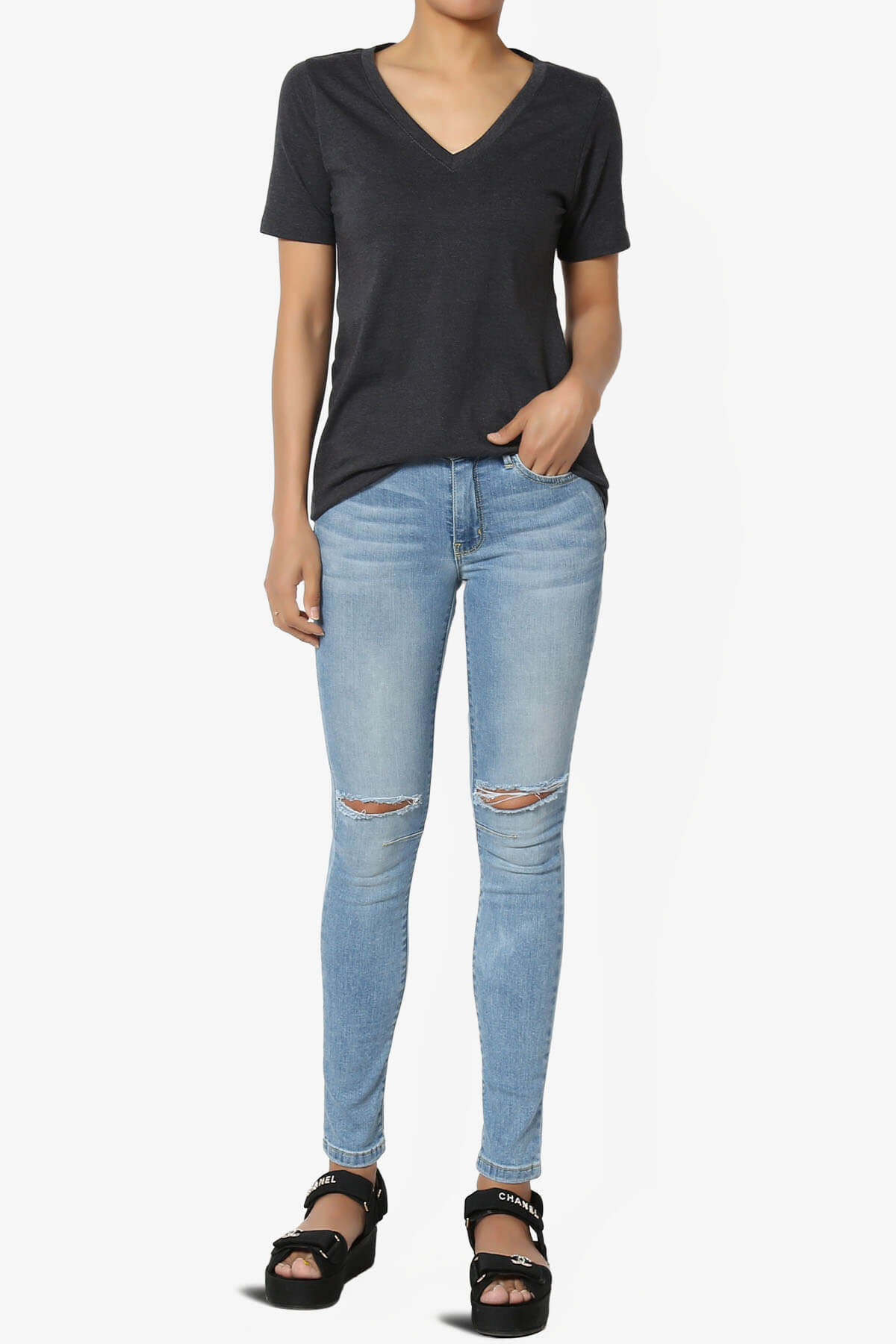 Elora V-Neck Short Sleeve T-Shirt CHARCOAL_6