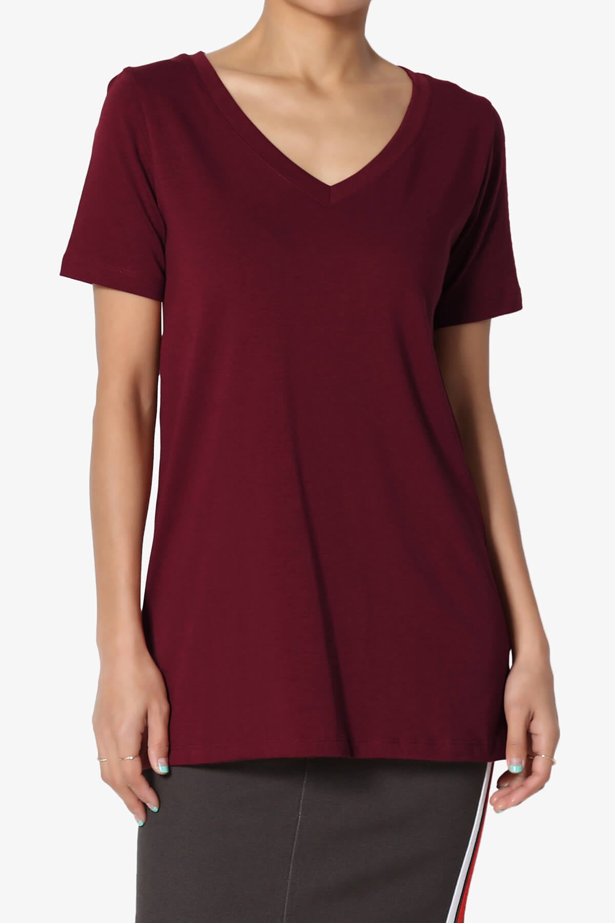 Elora V-Neck Short Sleeve T-Shirt DARK BURGUNDY_1