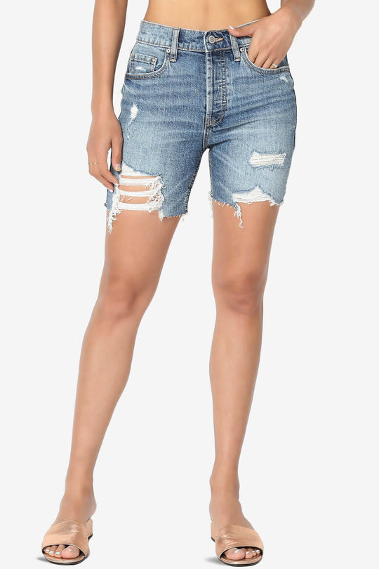 Kailey High Rise Mid Thigh Denim Shorts in MD