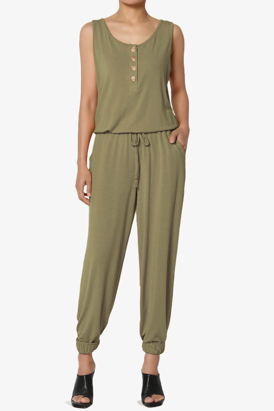 Entrada Button Scoop Neck Tank Jogger Jumpsuit KHAKI GREEN_1