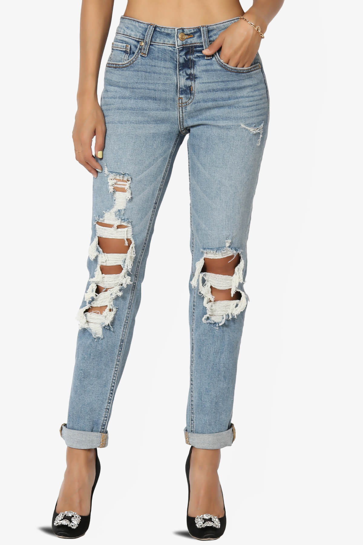 Frankie Distressed Mid Rise Girlfriend Jeans in LF Light LIGHT_1