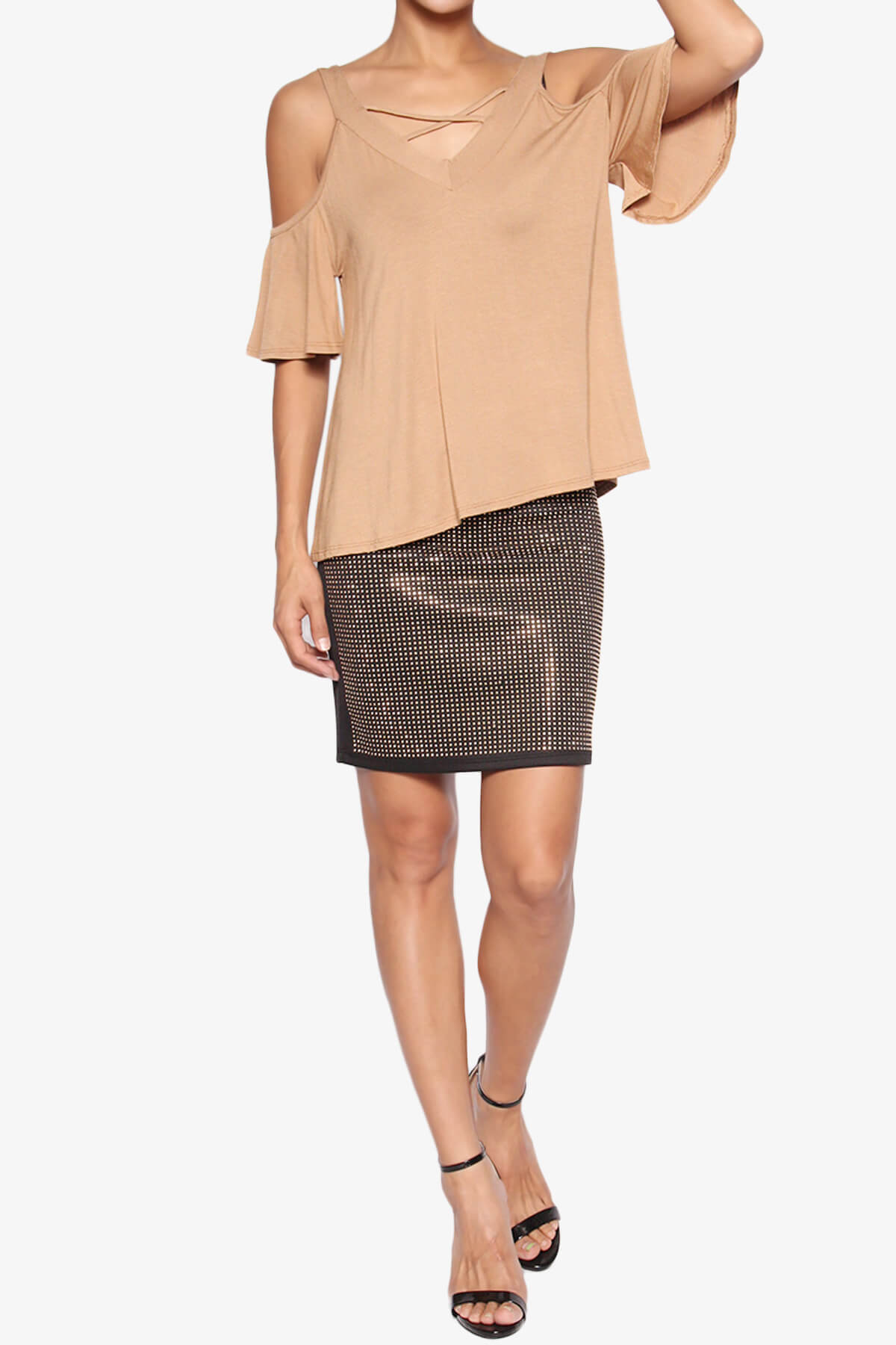 Damaris Cold Shoulder Jersey Top KHAKI_6