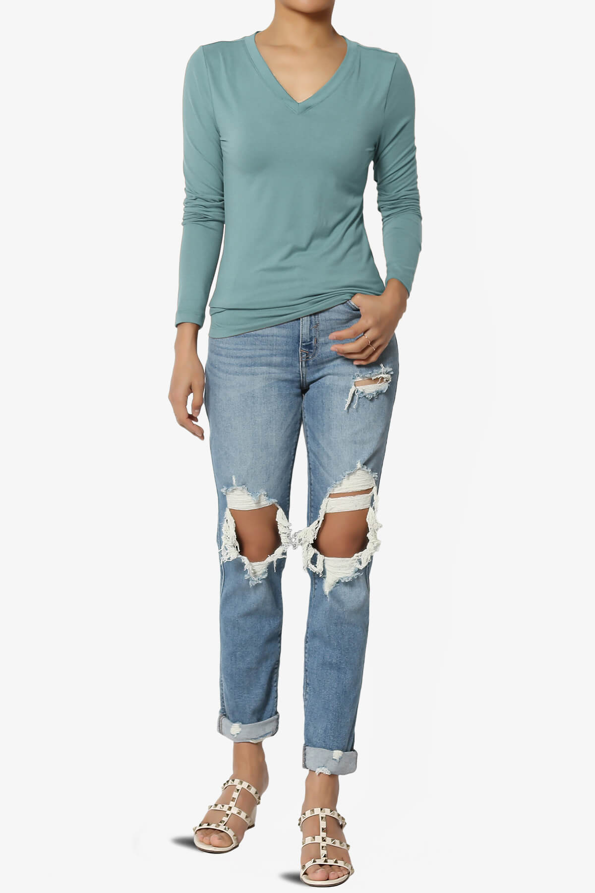 Gaia Microfiber V-Neck Long Sleeve T-Shirt DUSTY BLUE_6