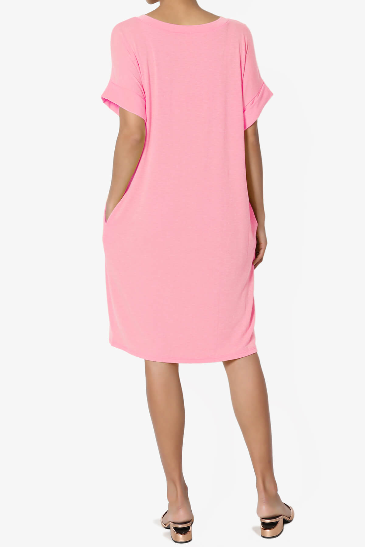 Janie Rolled Short Sleeve Round Neck Dress BRIGHT PINK_2