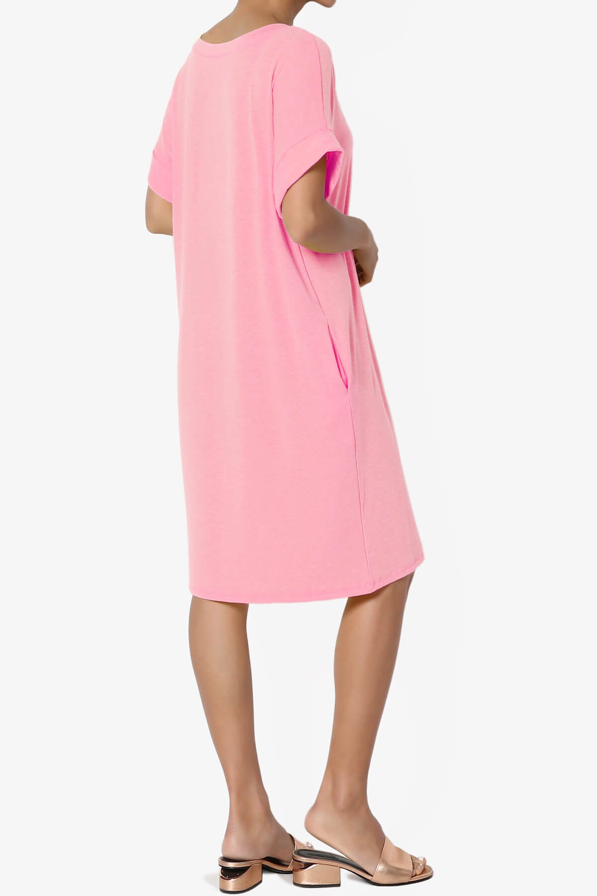 Janie Rolled Short Sleeve Round Neck Dress BRIGHT PINK_4