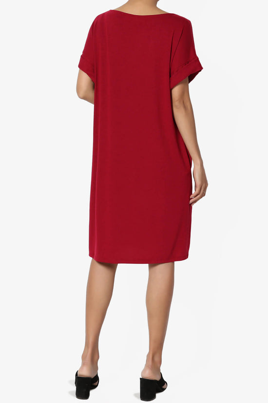 Janie Rolled Short Sleeve Round Neck Dress DARK RED_2