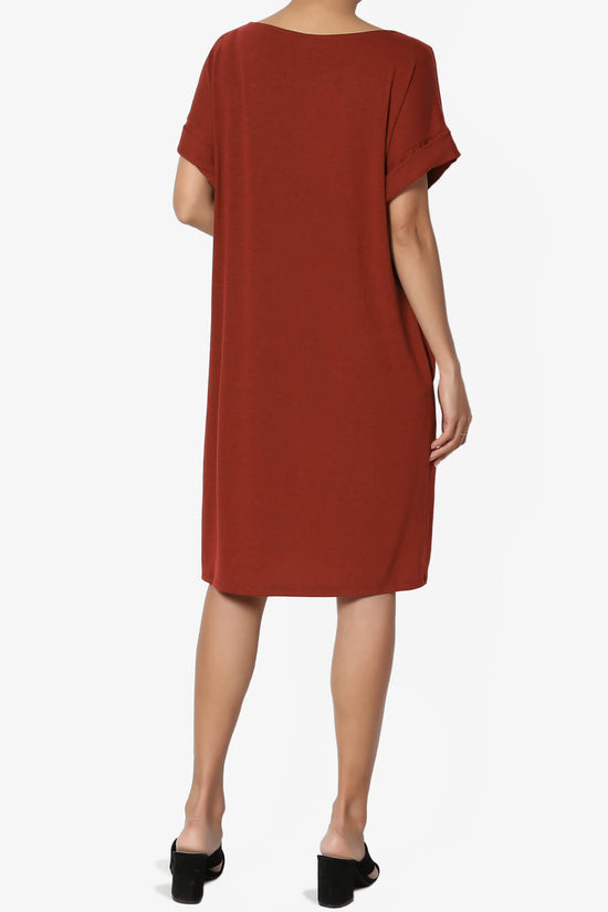 Janie Rolled Short Sleeve Round Neck Dress DARK RUST_2