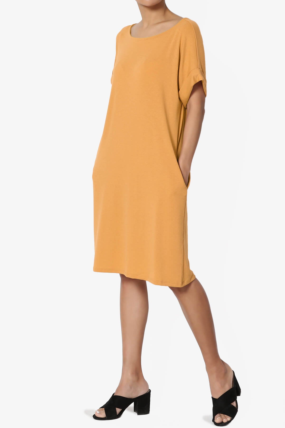 Janie Rolled Short Sleeve Round Neck Dress GOLDEN MUSTARD_3