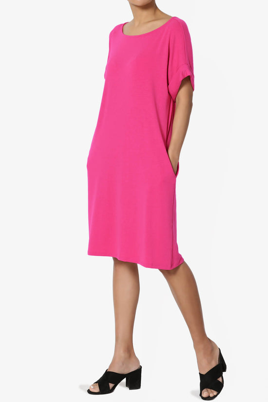 Janie Rolled Short Sleeve Round Neck Dress HOT PINK_3
