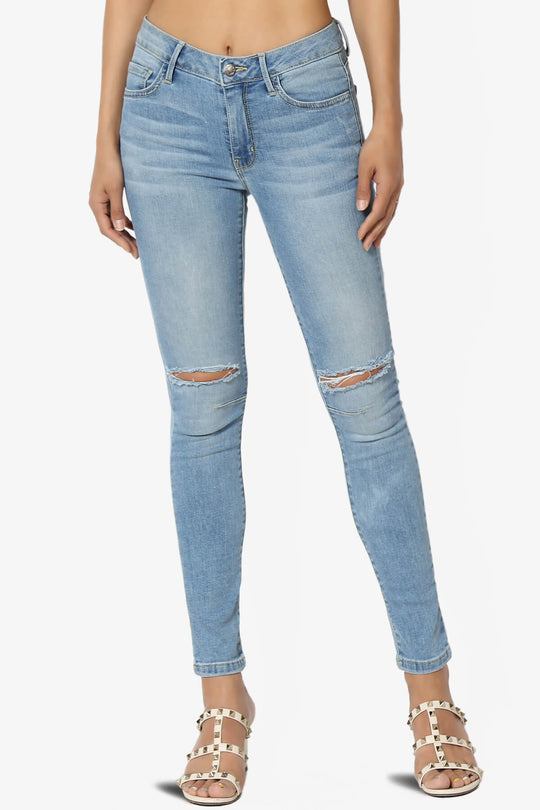 Jigott Distressed Knee Dart Washed Skinny Jeans in Light Blue