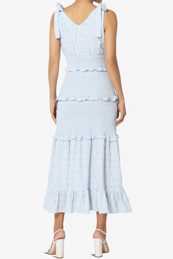 Jayce Embroidered Eyelet Smocked Ruffle Dress in Blue