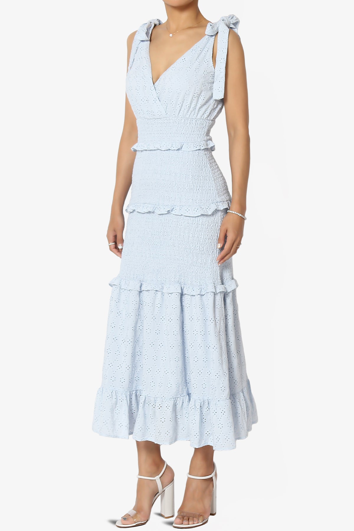 Jayce Embroidered Eyelet Smocked Ruffle Dress in Blue