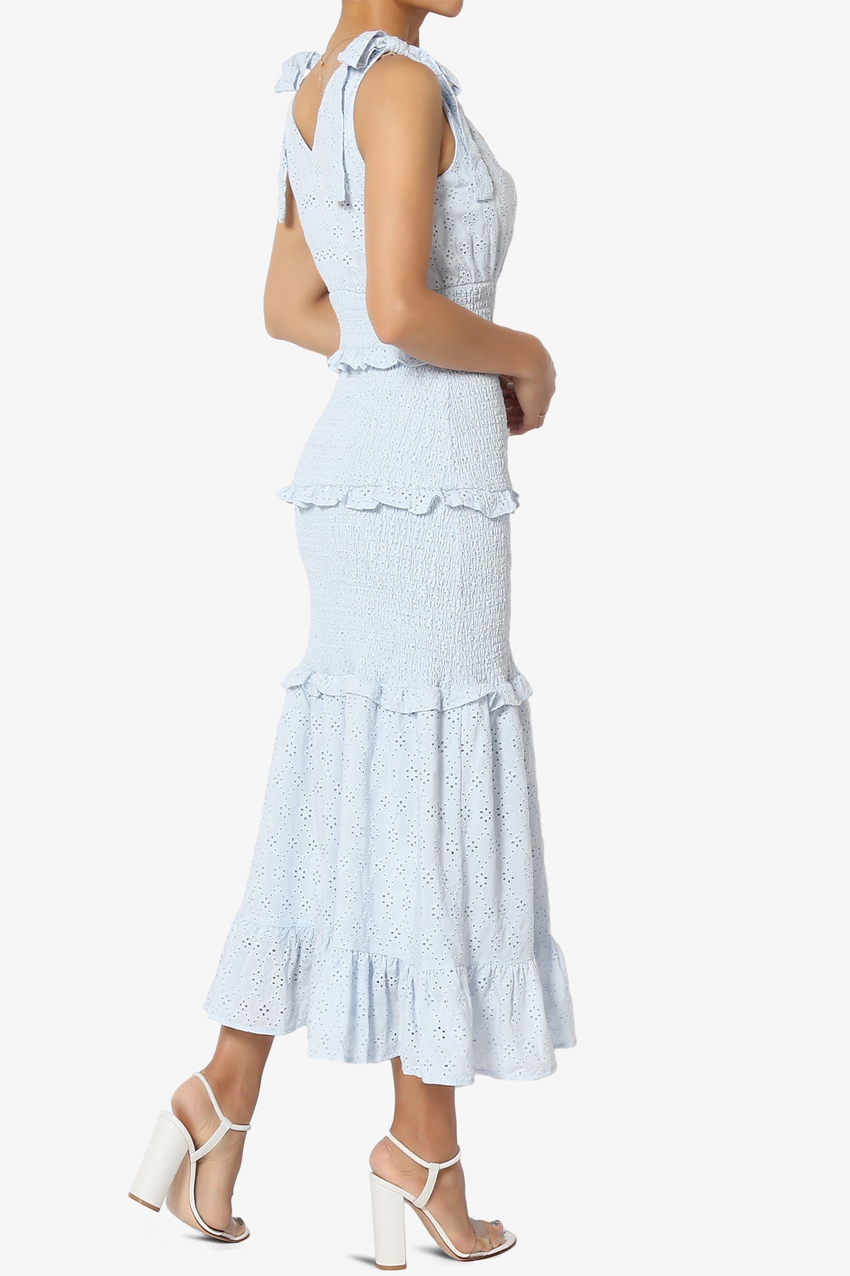 Jayce Embroidered Eyelet Smocked Ruffle Dress in Blue