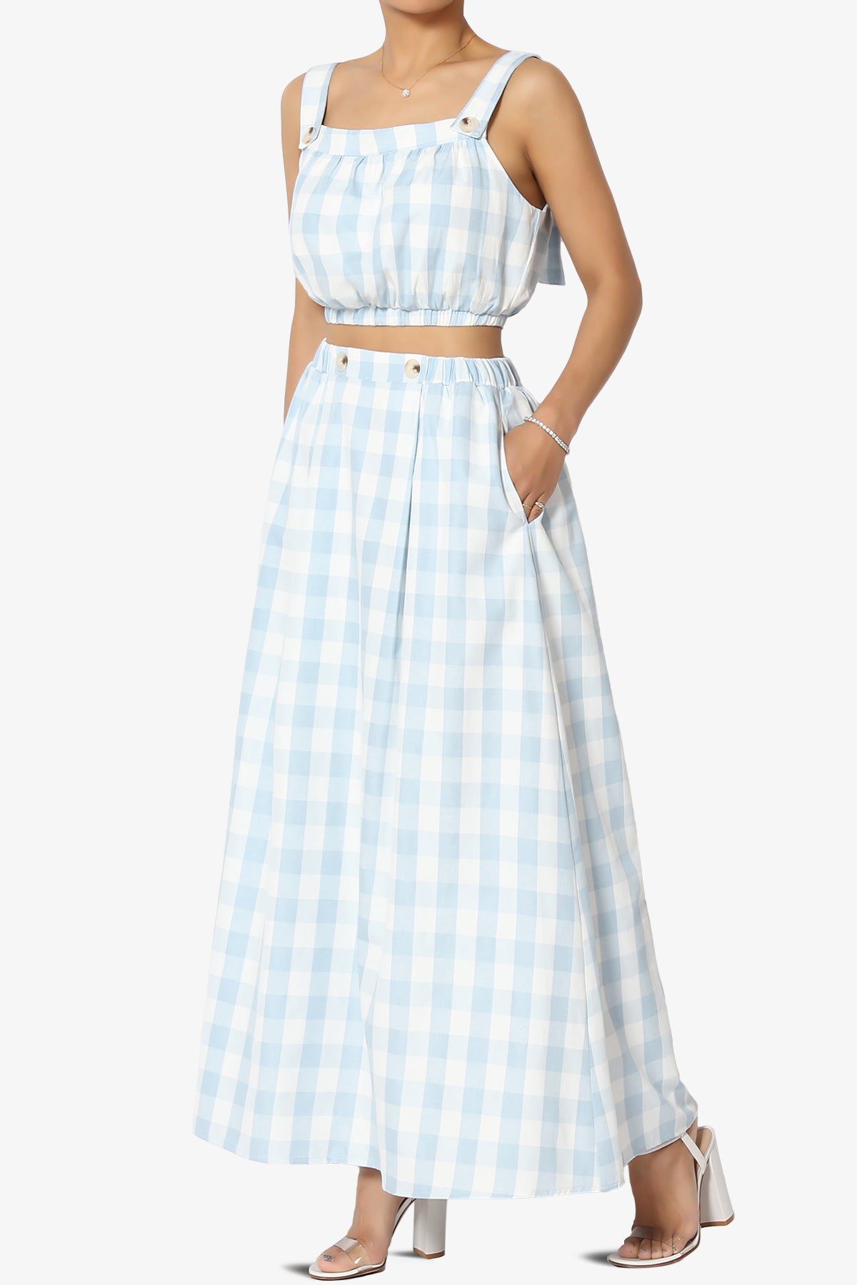 Hamiss Gingham Crop Top & Flare Skirt Set in Blue