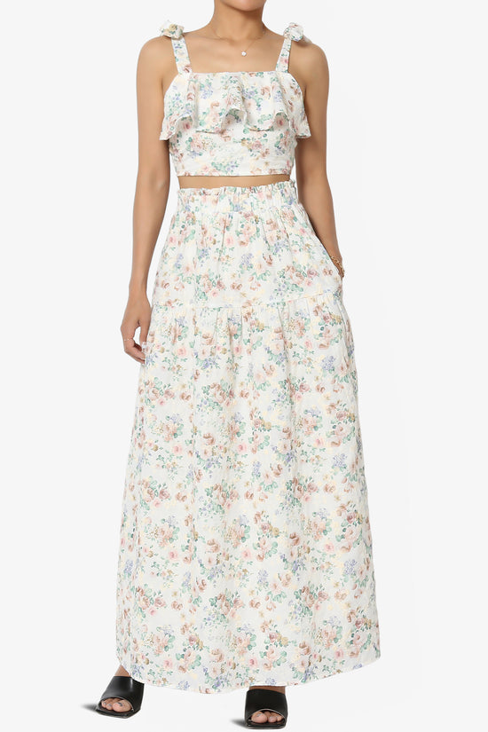 Twice Floral Ruffle Crop Top & A-Line Skirt Set in Taupe